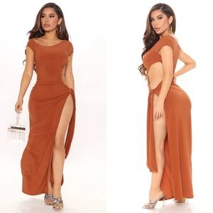 NWT Fashion Nova Brown Cut Out Slit Maxi Dress Sz L Vacation Travel Resort Wear